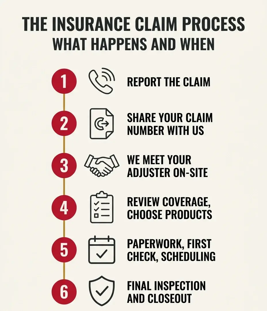 The insurance claim process at a glance: report the claim, share your claim number, adjuster meeting, coverage review, paperwork and scheduling, final closeout