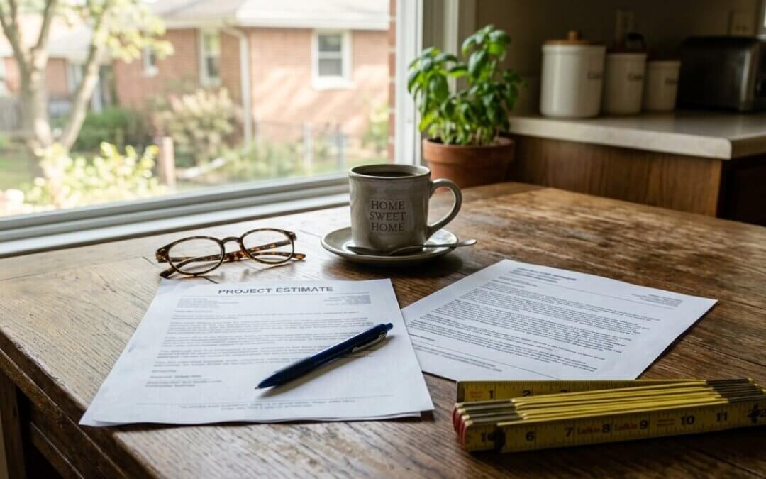 Two roofing estimates side by side on a kitchen table with a pen and tape measure for comparison