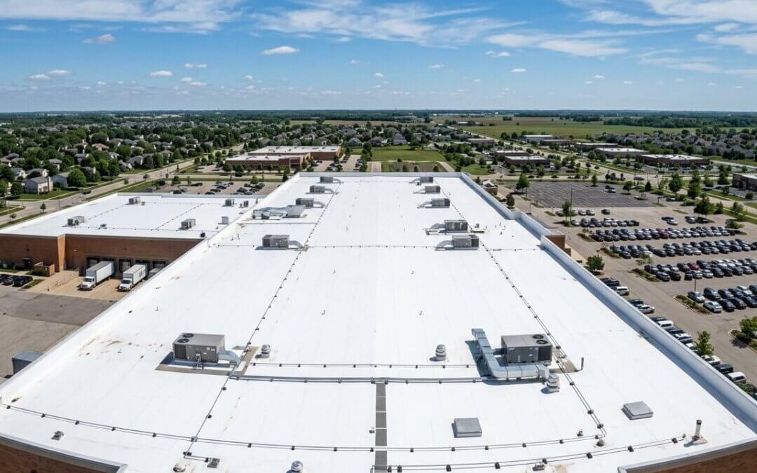 Flat commercial roof with a white reflective coated membrane, rooftop HVAC units and roof drains