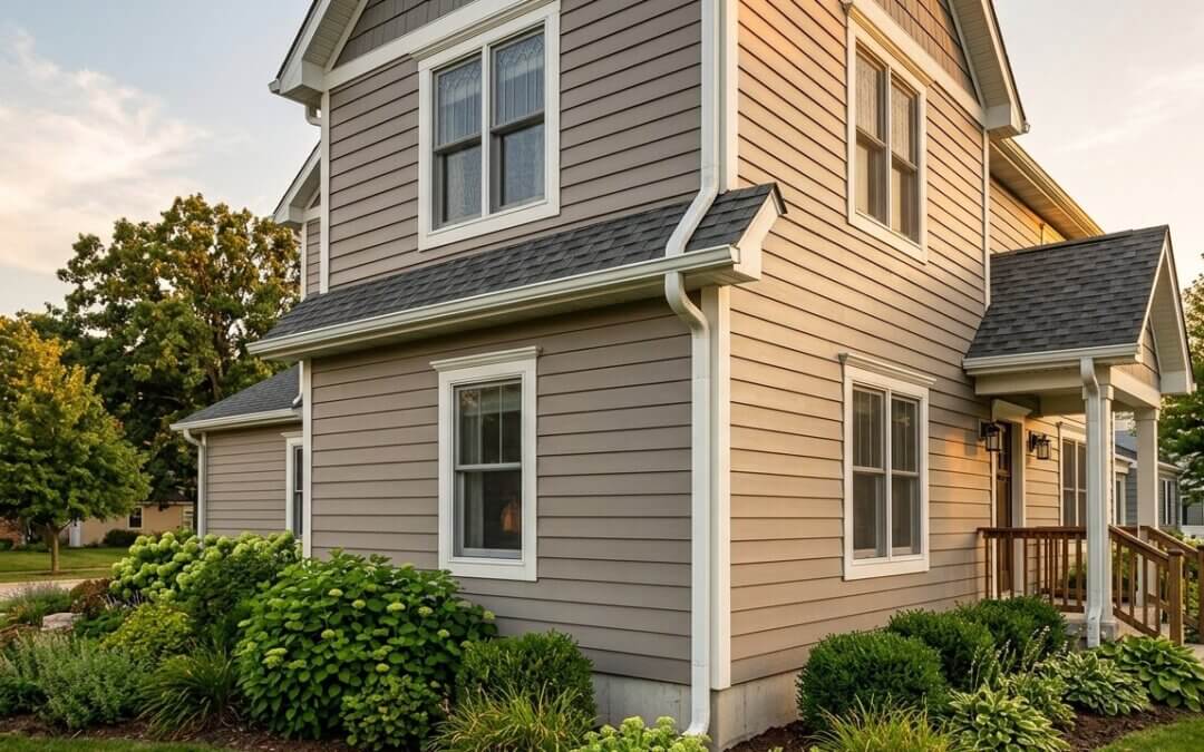 Corner of a suburban Illinois home showing horizontal lap siding, white trim, gutter and shingle roofline
