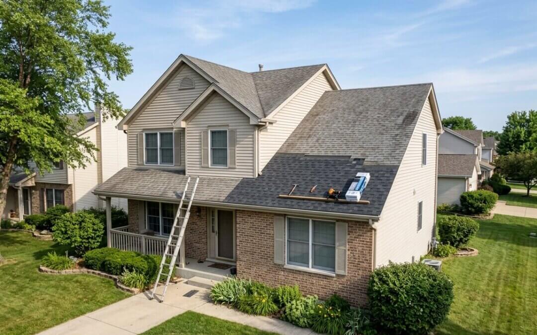Roof repair in progress on a Fox Valley IL home - new architectural shingles beside an aging roof section