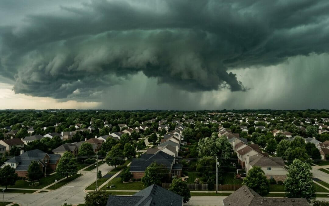 Storm clouds building over Fox Valley Illinois homes with asphalt shingle roofs