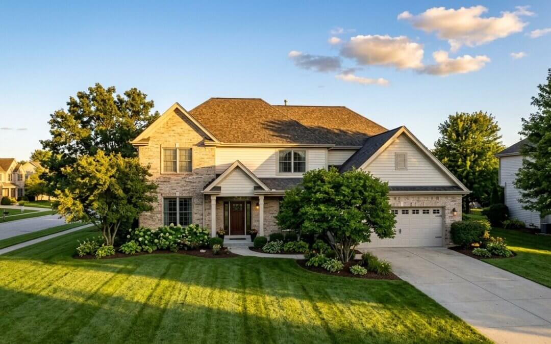 Well-maintained architectural shingle roof on a two-story Illinois home at golden hour