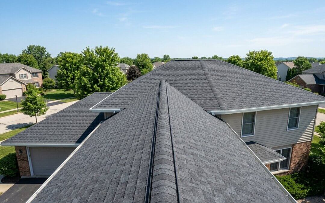 Asphalt shingle roof with continuous ridge vent and deep soffits - balanced attic ventilation