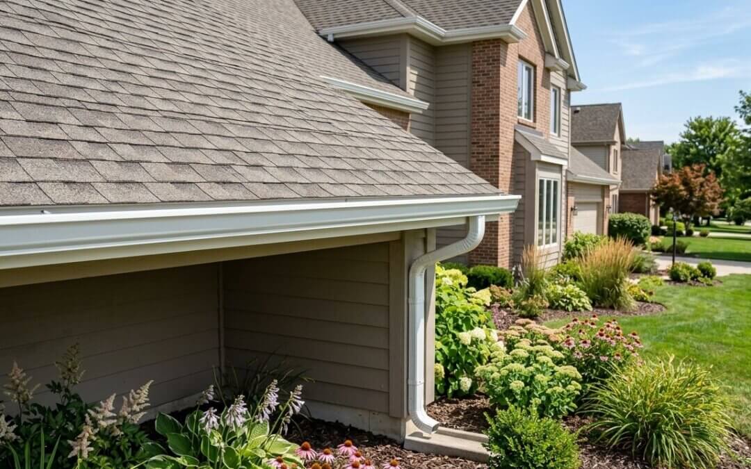 Seamless gutter, drip edge and fascia forming the roof edge of a suburban Illinois home