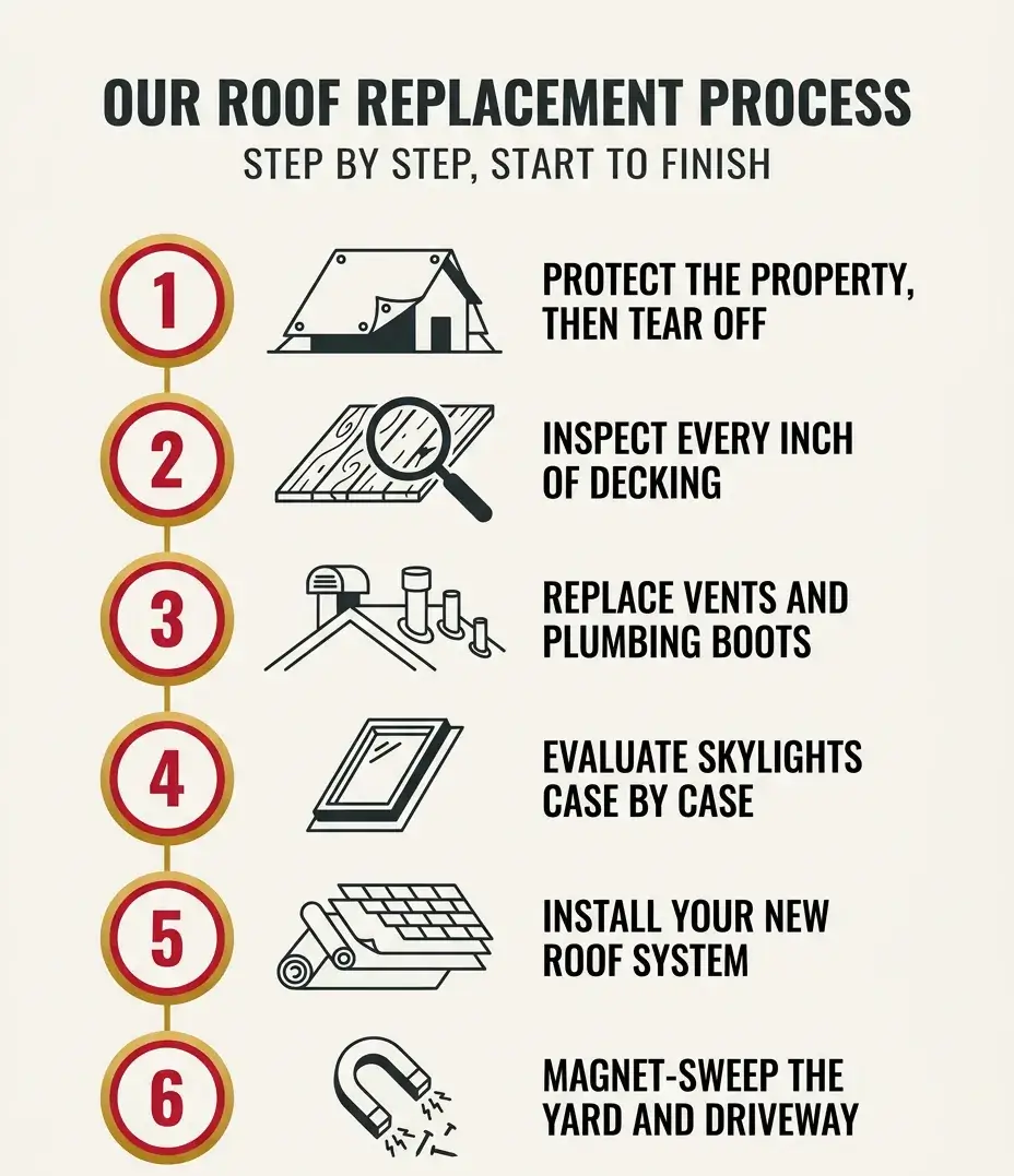 Our roof replacement process step by step: protect the property then tear off, inspect every inch of decking, replace vents and plumbing boots, evaluate skylights case by case, install your new roof system, magnet-sweep the yard and driveway