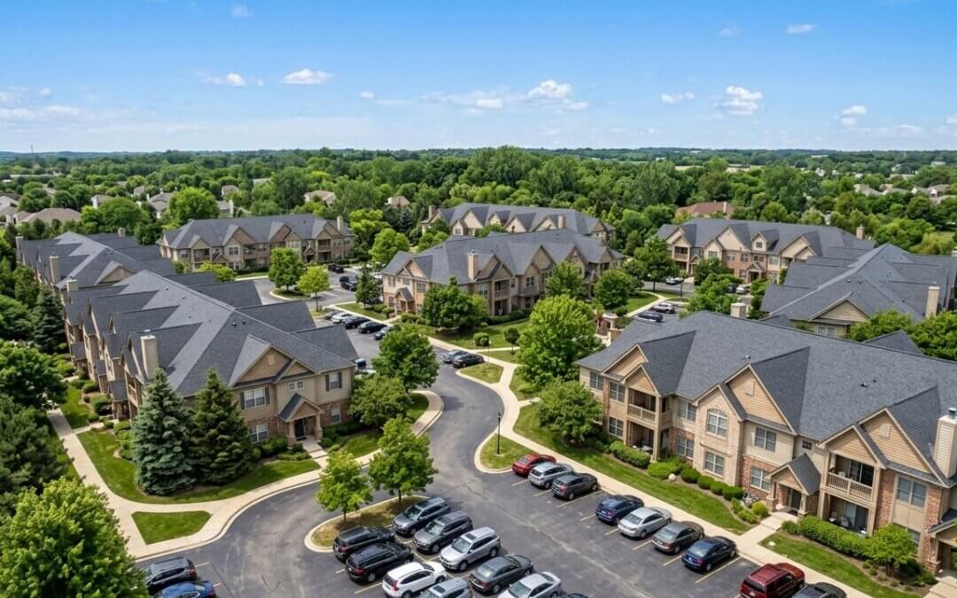 Aerial view of a multifamily residential community with rows of gabled shingle roofs, parking lots, and mature trees.
