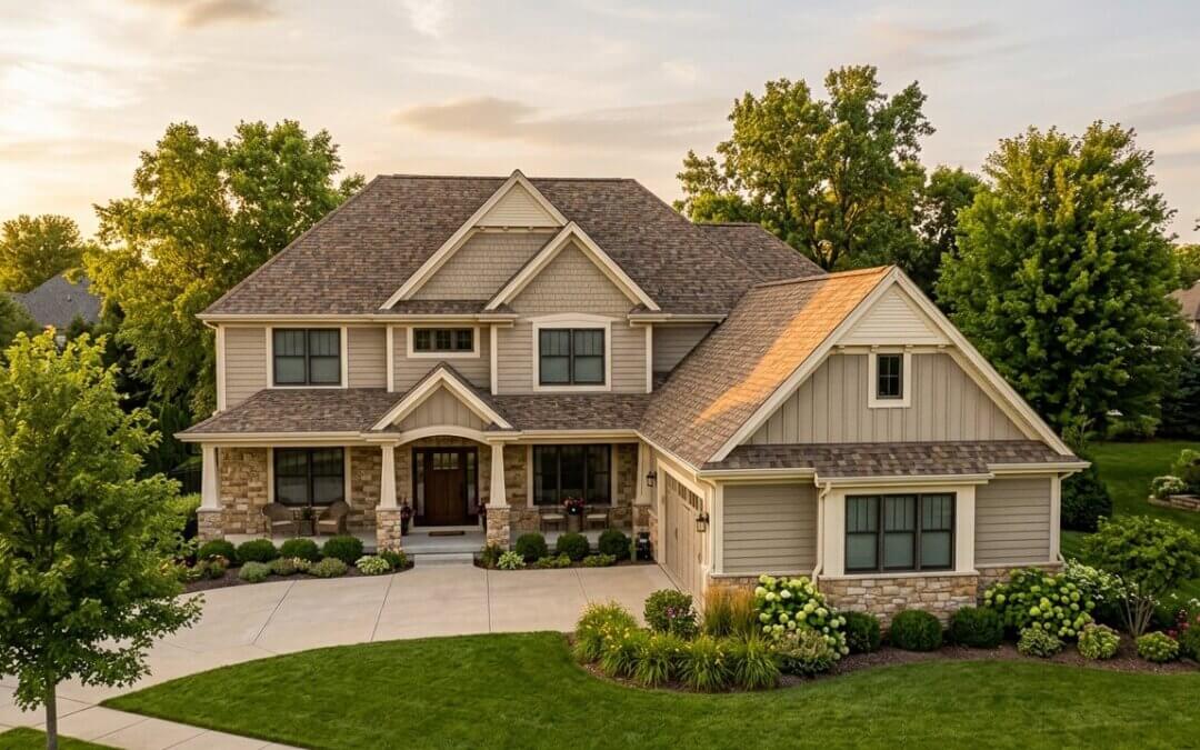 A two-story suburban home with an asphalt-shingle roof and a landscaped front yard in golden-hour light.